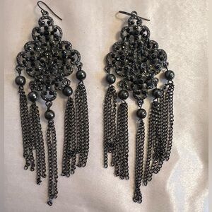Silver gunmetal and black rhinestone chandelier earrings